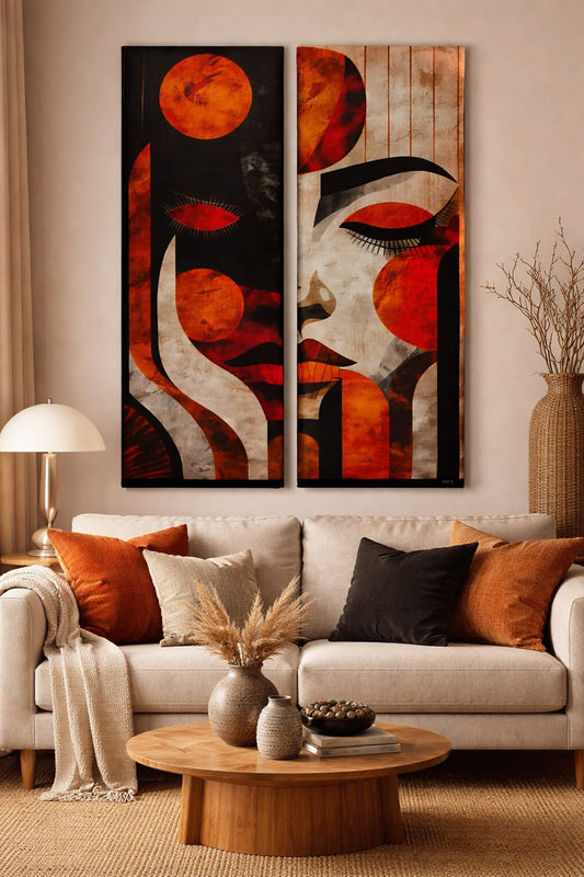 Abstract Face Canvas Wall Hanging Set — Modern Wooden Plank Art