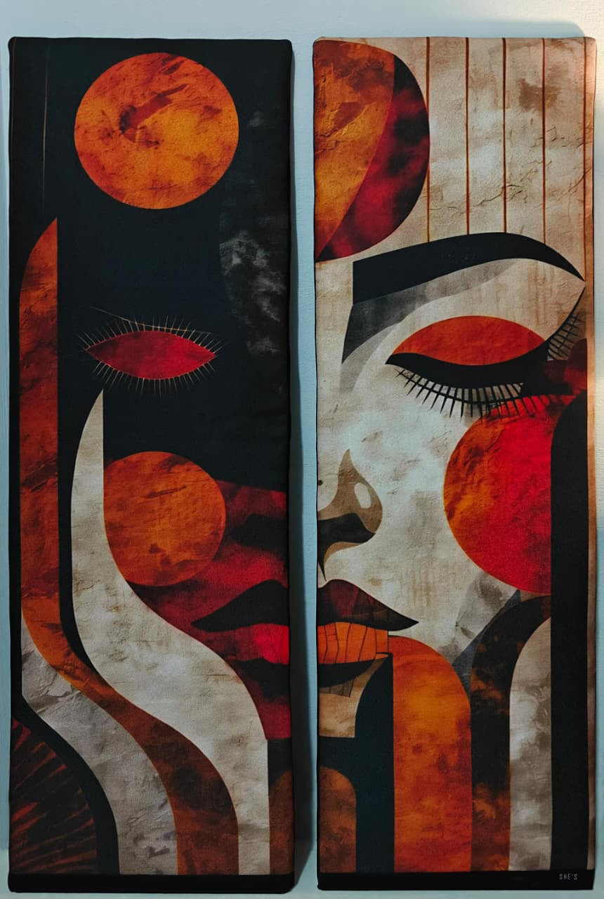 Abstract Face Canvas Wall Hanging Set — Modern Wooden Plank Art