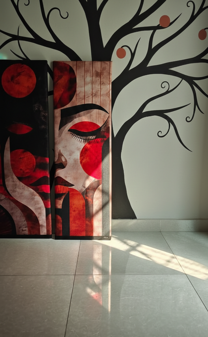 Abstract Face Canvas Wall Hanging Set — Modern Wooden Plank Art